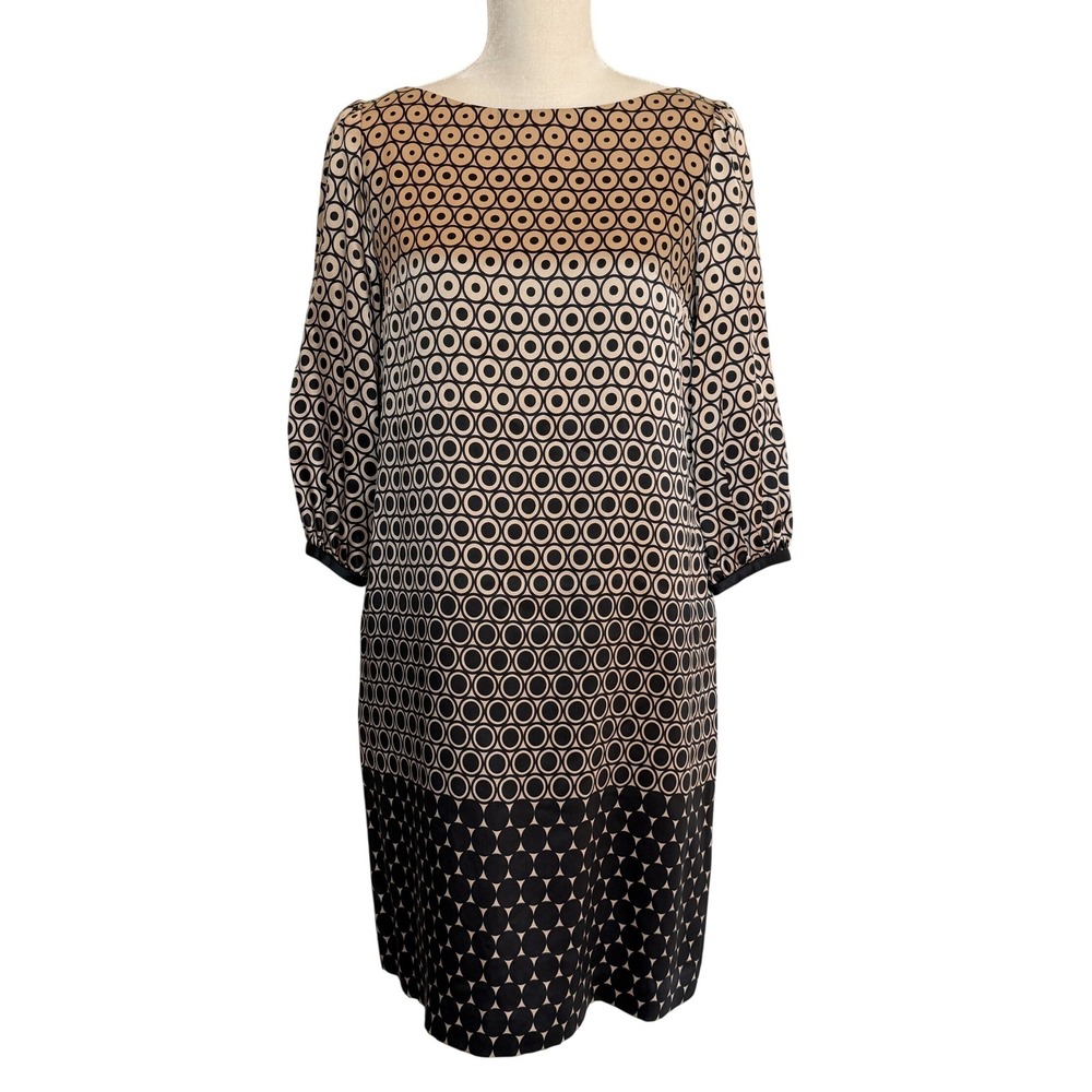 Vtg Maggy London Siz 4 100% Silk Shift Midi Dress Geometric Retro Mod Pockets